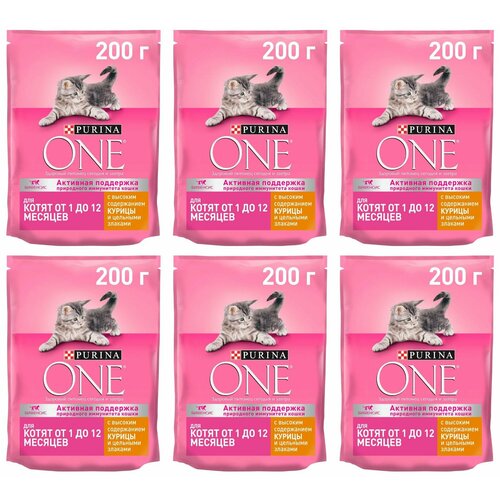 Purina ONE Сухой корм для котят, с высоким содержанием курицы и цельными злаками, 200 г, 6 уп