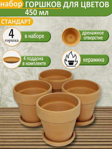 Изображение товара Набор цветочных горшков "Стандарт", керамика, диаметр 11 см, высота 10 см, 4 шт.