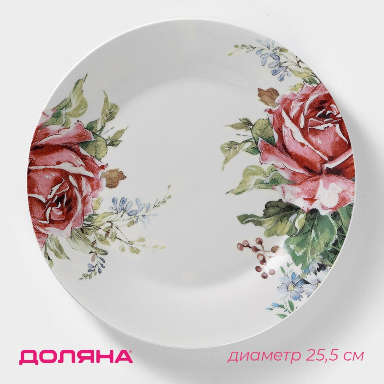 Тарелка фарфоровая обеденная Доляна «Роза», d=25,5 см, цвет белый (1шт.)