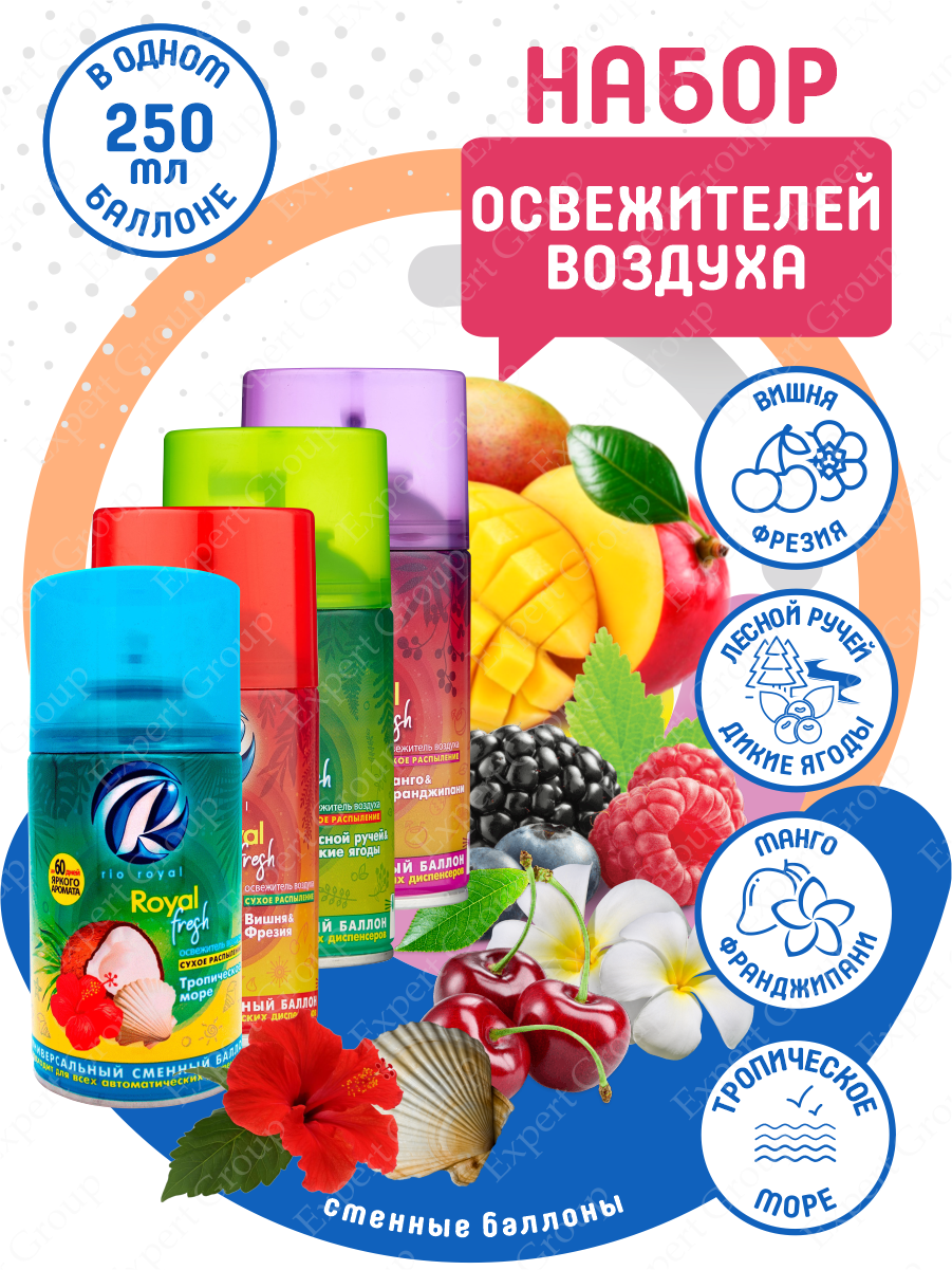 Набор Освежителей воздуха Rio Royal Fresh баллоны для диспенсера 4 аромата