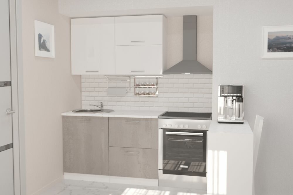 Кухонный гарнитур Терция лайт" 1200, цвет Белый глянец/Бетон светлый, модульная, со столешницей, прямой, с ящиками, с полками