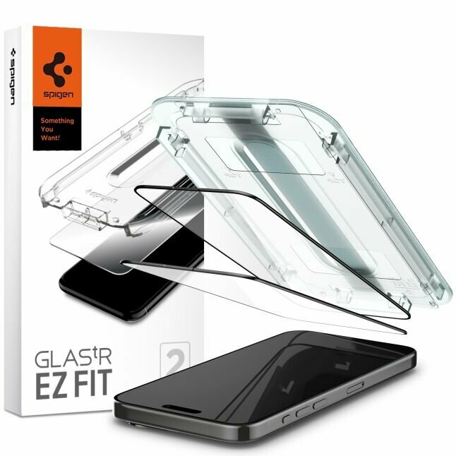 Защитное стекло с установочной формой Spigen GLAS.tR EZ FIT для iPhone 15 Pro (комплект - 2 штуки) (Прозрачный, чёрная рамка / Transparent, black frame)