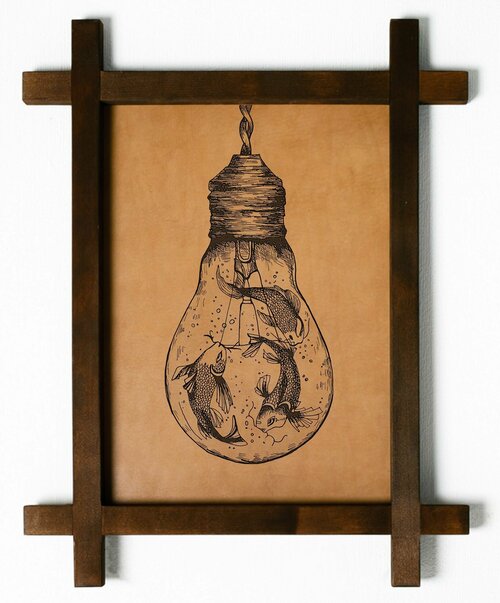 Картина Аквариум в лампе, гравировка на натуральной коже, интерьерная для украшения и декора на стену в деревянной раме, подарок, BoomGift