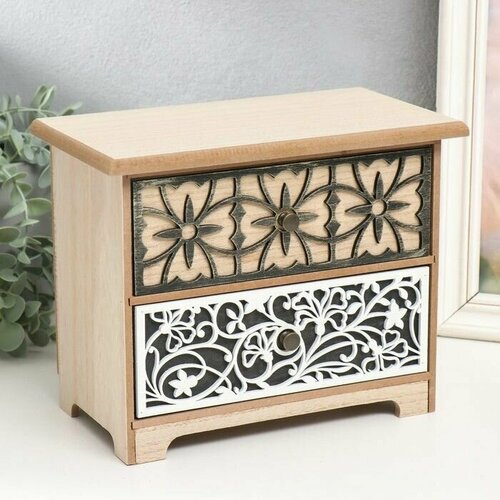 Шкатулка дерево комод 2 ящика Цветочные узоры бежево-белая 24х135х19 см 2949₽
