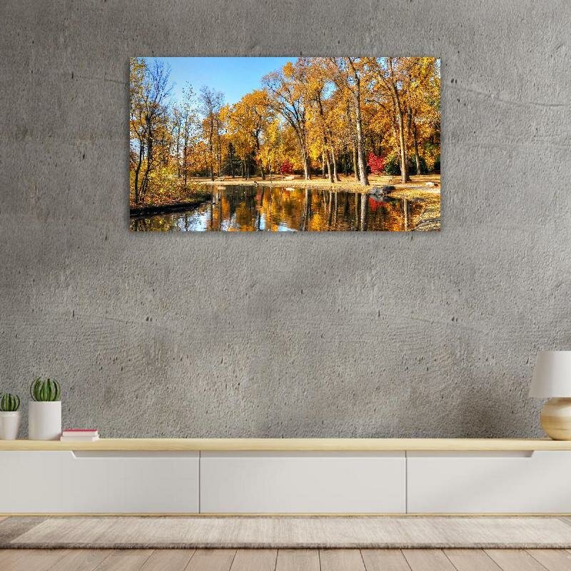 Картина на холсте 60x110 LinxOne "Небо скамья деревья камень" интерьерная для дома / на стену / на кухню / с подрамником