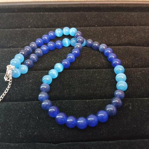 Колье, кошачий глаз, длина 50 см., синий, голубой