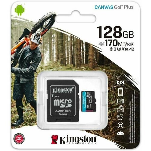 Карта памяти microSDXC UHS-I U3 Kingston Canvas Go! Plus 128 ГБ, 170 МБ/с, Class 10, SDCG3/128GB, 1 шт, переходник SD карта памяти microsdxc uhs i u3 kingston canvas select plus 256 гб 100 мб с sdcs2 256gb 1 шт переходник sd