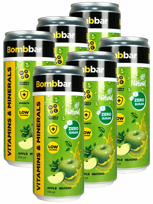 Bombbar, Натуральный лимонад без сахара с витаминами, 6х330мл (Яблоко)