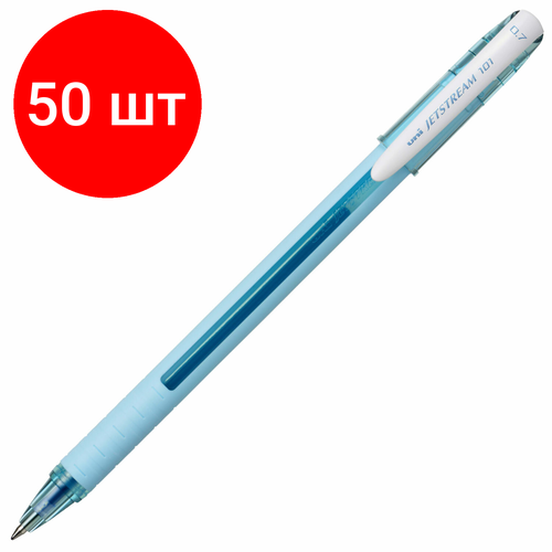 Комплект 50 шт, Ручка шариковая масляная с грипом UNI JetStream, синяя, корпус бирюзовый, линия 0.35мм, ш/к 03743
