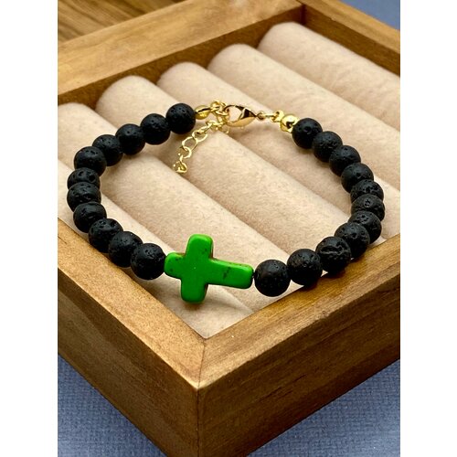 фото Браслет el tro, вулканическая лава, 1 шт., размер 21 см, размер m, диаметр 6 см, зеленый, черный