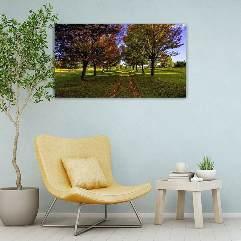 Картина на холсте 60x110 LinxOne "Осень дорога деревья аллея" интерьерная для дома / на стену / на кухню / с подрамником