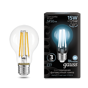 Лампа Gauss Filament А60 15W 1450lm 4100К Е27 LED 102902215