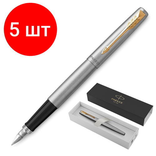 ручка подарочная шариковая waterman hemisphere stainless steel gt серебристый корпус позолоченные детали синяяудалить по задаче Комплект 5 шт, Ручка перьевая PARKER Jotter Stainless Steel GT, корпус серебристый, позолоченные детали, синяя, 2030948