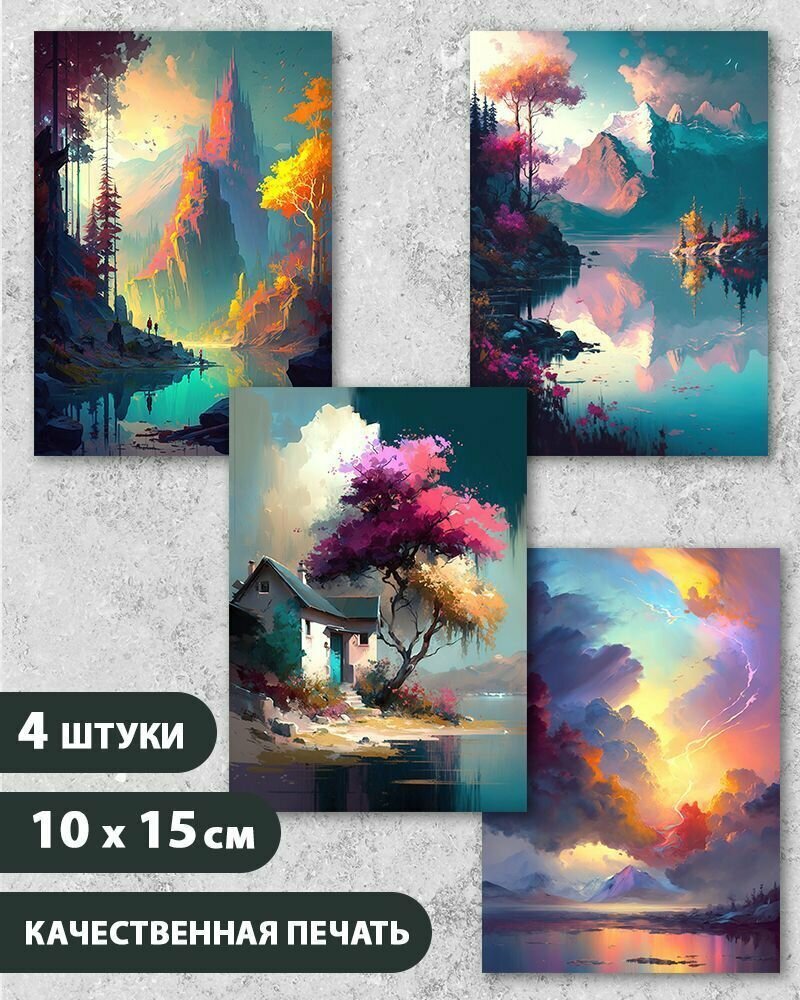 Набор открыток "Горный пейзаж 2", 10.5 см х 15 см, 4 шт, на подарок и в коллекцию