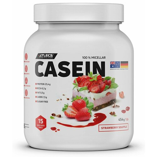 Atlecs Casein 454 g, (клубничное суфле) мицеллярный казеин протеин atletic food 100% micellar casein mpс 85 5000 грамм натуральный