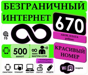 Сим-карта с Раздачей Безлимитного интернета и Красивым номером за 670 рублей в месяц, списывается посуточно.