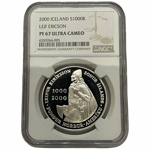 Исландия 1000 крон 2000 г. (1000 лет со дня открытия Нового Света) в слабе NGC PF67 Ultra Cameo исландия 1000 крон 1994 г свейдн бьёрнссон первый президент исландии