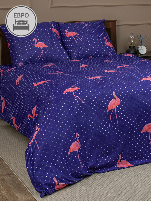 Постельное белье Amore Mio серия Макосатин Flamingo, евро комплект, микрофибра, темно-синий, розовый, с принтом птицы