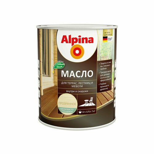 Масло для террас, лестниц, мебели Alpina, шелковисто-глянцевое, 0,75 л, бесцветное