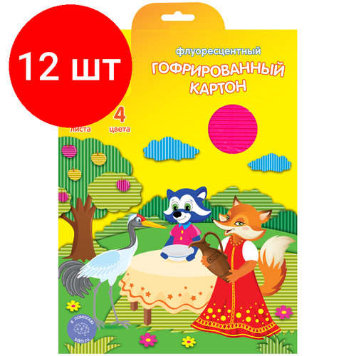 Комплект 12 шт, Картон цветной А4, Мульти-Пульти, 4л, 4цв, гофрированный, флуоресцентный, в папке, Приключения Енота