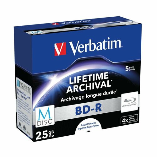 Диски Blu-ray M-DISC Verbatim 43823 BD-R 25gb 5шт Jewel Case Printable free shipping ritek blue ray disc bd r 50gb bluray dvd bdr 50g inkjet printable 8x 50pack