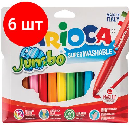 Комплект 6 шт, Фломастеры Carioca Jumbo, 12цв, утолщенные, смываемые, картон, европодвес смываемые с толстым наконечником из серии супер чисто