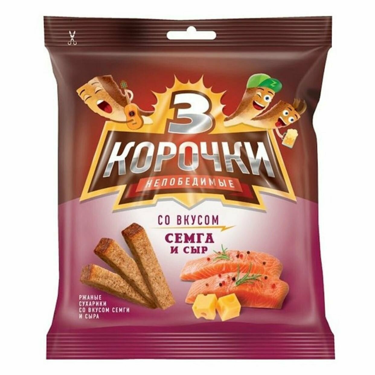 Сухарики Три корочки ржаные со вкусом сёмга с сыром, 100г, 10 шт.
