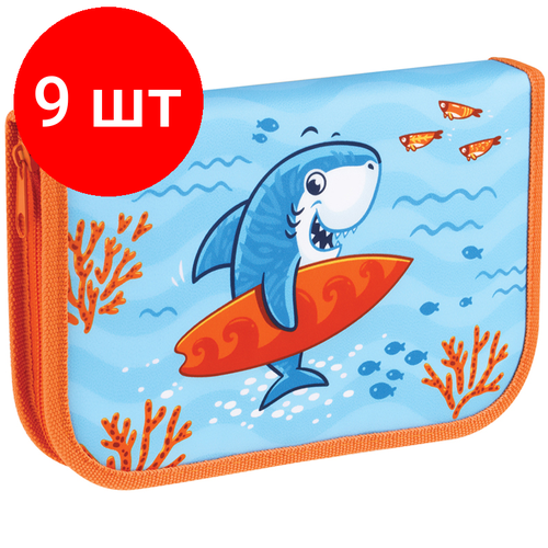 Комплект 9 шт, Пенал 1 отделение, 200*130 Мульти-Пульти Surf Shark, доп. секция, ткань