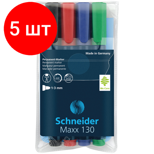 Комплект 5 шт, Набор перманентных маркеров Schneider Maxx 130 04цв, пулевидный, 1.0мм комплект 3 шт набор перманентных маркеров schneider maxx 130 04цв пулевидный 1 0мм подарок текстовыделитель schneider job