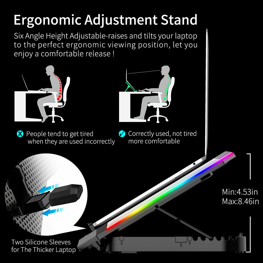 Регулируемая охлаждающая подставка для игровых ноутбуков6 вентиляторов подсветка 6 углов наклона держатель телефона 2 USB  для экрана 13"-19"