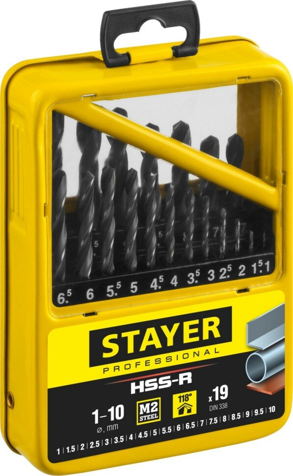 STAYER Набор сверл по металлу 19 шт (d=1-10 мм), HSS-R, сталь М2(S6-5-2), STAYER Professional 29602-H19, DIN 338 ( 29602-H19-M_z01 )