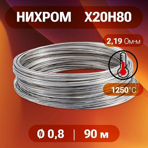 Проволока нихром 08 мм в бухте 90 м Марка стали Х20Н80 Нихромовая проволока для нагревательных спиралей резки пенопласта ЧПУ выжигателей нагревателей в печах для сушки и обжига 3770₽