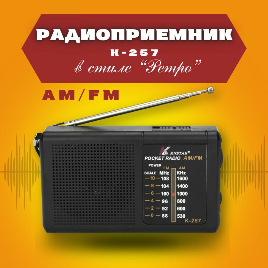 Минирадио K-257 б с приёмом FM/AM радиоволн в комплекте с источником питания (2 батарейки AA)