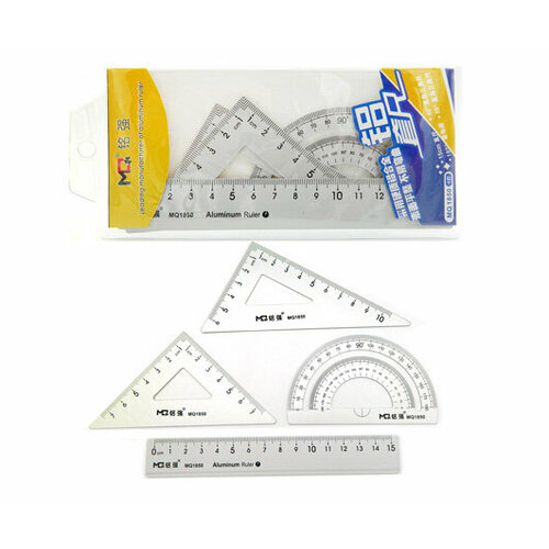 Линейки набор CO-6/CH-8 алюминиевые (линейка 15см, транспортир, 2 угольника) в чехле ПВХ на кнопке MQ1850 (2/36/432)