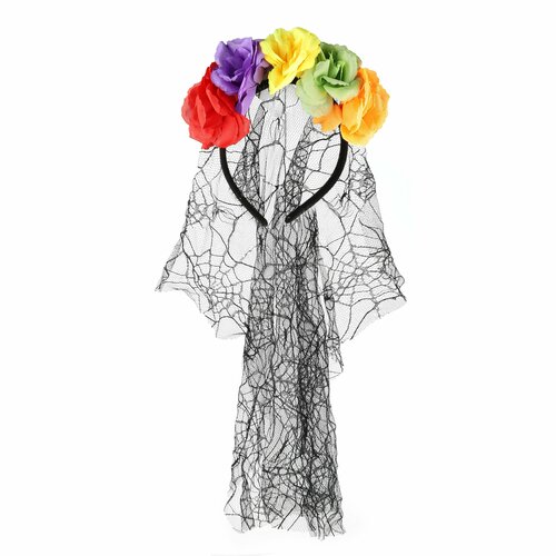 Ободок, Цветы на Хэллоуин (с фатой), Черный/Разноцветный, 1 шт, аксессуар на хэллоуин карнавальный ободок хэллоуин паук белый