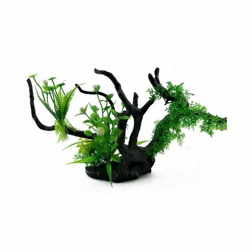Декор для аквариума Rabizy коряга с растениями 25х18 см