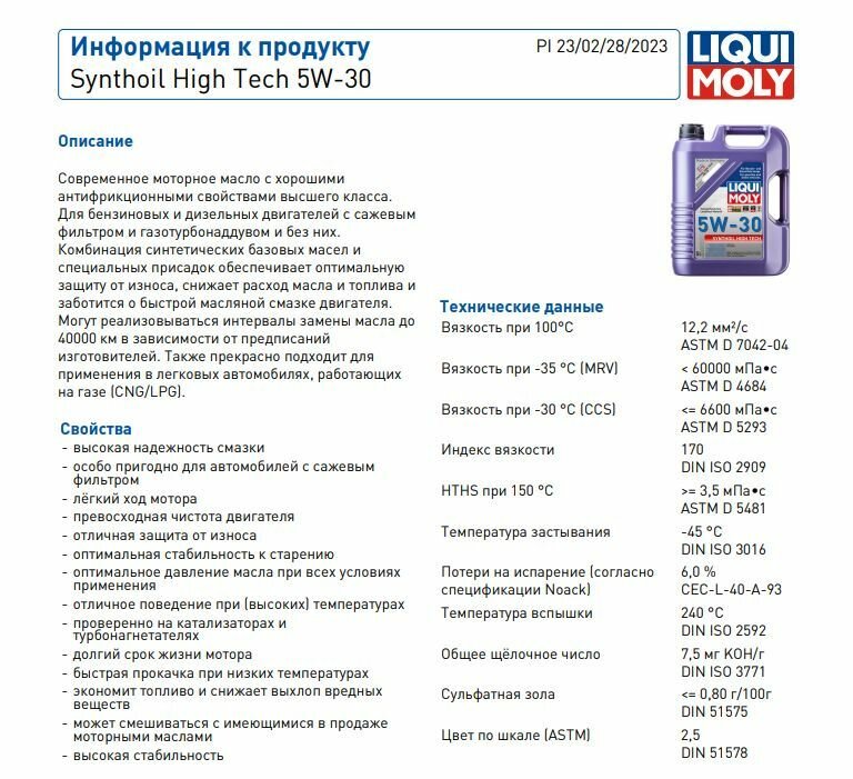 Синтетическое моторное масло LIQUI MOLY Synthoil High Tech 5W-30