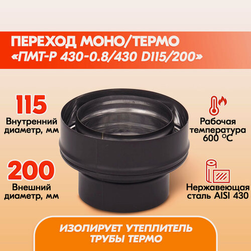Изображение товара Переход Моно Термо ПМТ-Р 430-0.8/430 D115/200 цвет черный (RAL 9005) эмаль Т до 600С* дымохода, переход моно термо из нержавейки для сэндвич трубы