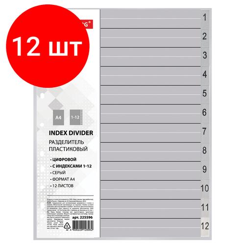 Комплект 12 шт, Разделитель пластиковый BRAUBERG, А4, 12 листов, цифровой 1-12, оглавление, серый, 225596