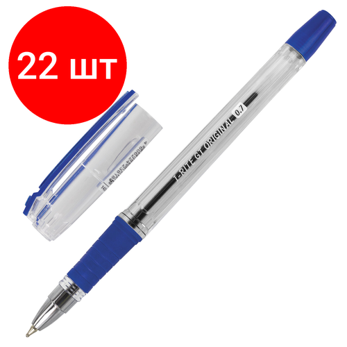 Комплект 22 шт, Ручка шариковая масляная с грипом BRAUBERG i-Rite GT, синяя, корпус прозрачный, узел 0.7 мм, 143300