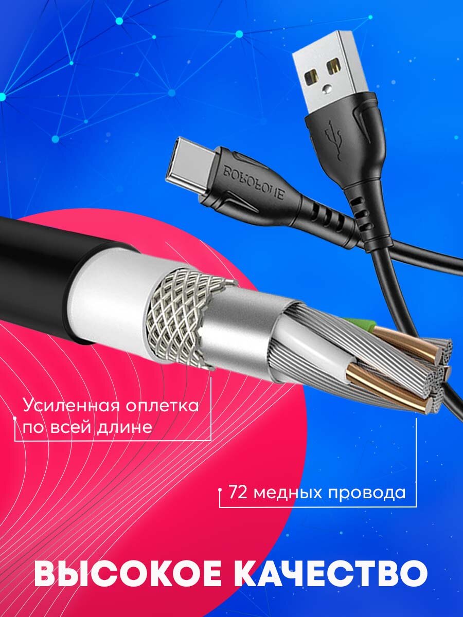 Кабель USB Type-C для зарядки телефона и передачи данных 3А, быстрая зарядка, кабель 1 метр, черный — фото 1