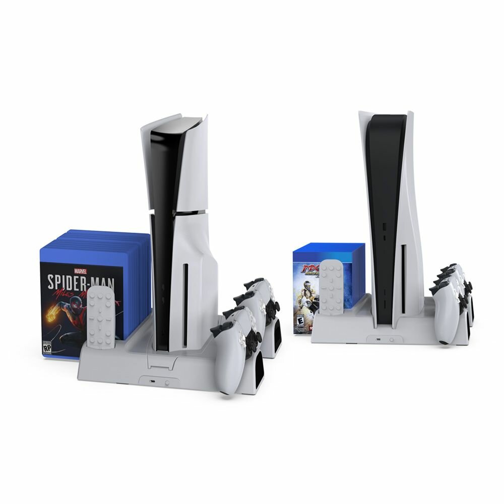 Вертикальная охлаждающая подставка для Sony PlayStation 5 и PS5 Slim с зарядкой для геймпадов dualsense и отсеками для дисков с играми