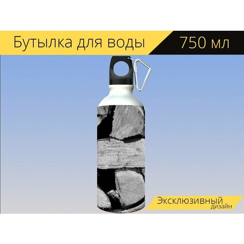 фото Бутылка фляга для воды "древесина, дрова, куча дров" 750 мл. с карабином и принтом lotsprints