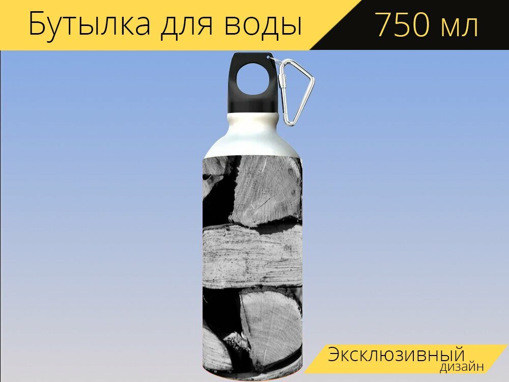 Бутылка фляга для воды "Древесина, дрова, куча дров" 750 мл. с карабином и принтом