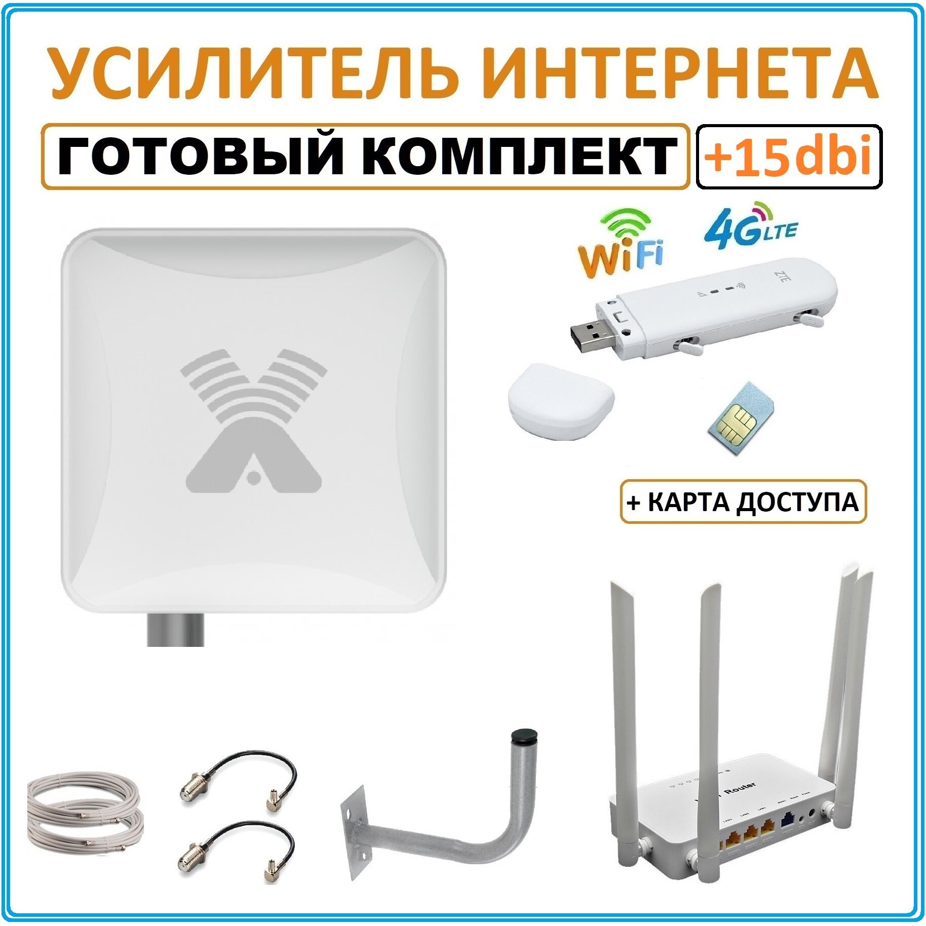 Усилитель сигнала сотовой связи интернета. Готовый комплект, с мощной 4G антенной Antex Petra BB mimo 15dBi, WiFi роутером и 4G WiFi модемом.