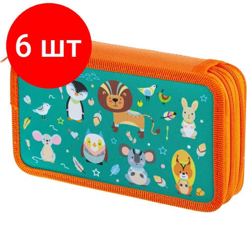 Комплект 6 штук, Пенал №1School Animals ПКТ 11-20, ткань, 2 отд, 190х110 мм комплект 5 штук пенал 1school panda 2 отд кож зам голография 190х110 мм пкз 11 111