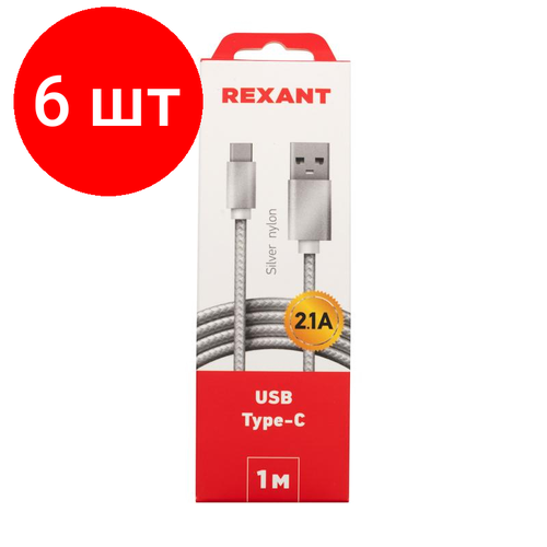 Комплект 6 штук, Кабель USB 2.0 - USB Type-C, М/М, 1 м, Rexant, сереб, 18-1899