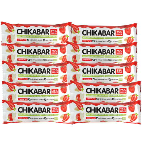 Bombbar, CHIKABAR Батончик в белом шоколаде с начинкой, 10шт по 60г (Клубника со сливками)