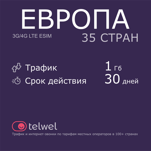 Туристический eSIM Европа 35 стран, 1 Гб/30 дней. Пакет Трафик и интернет-звонки