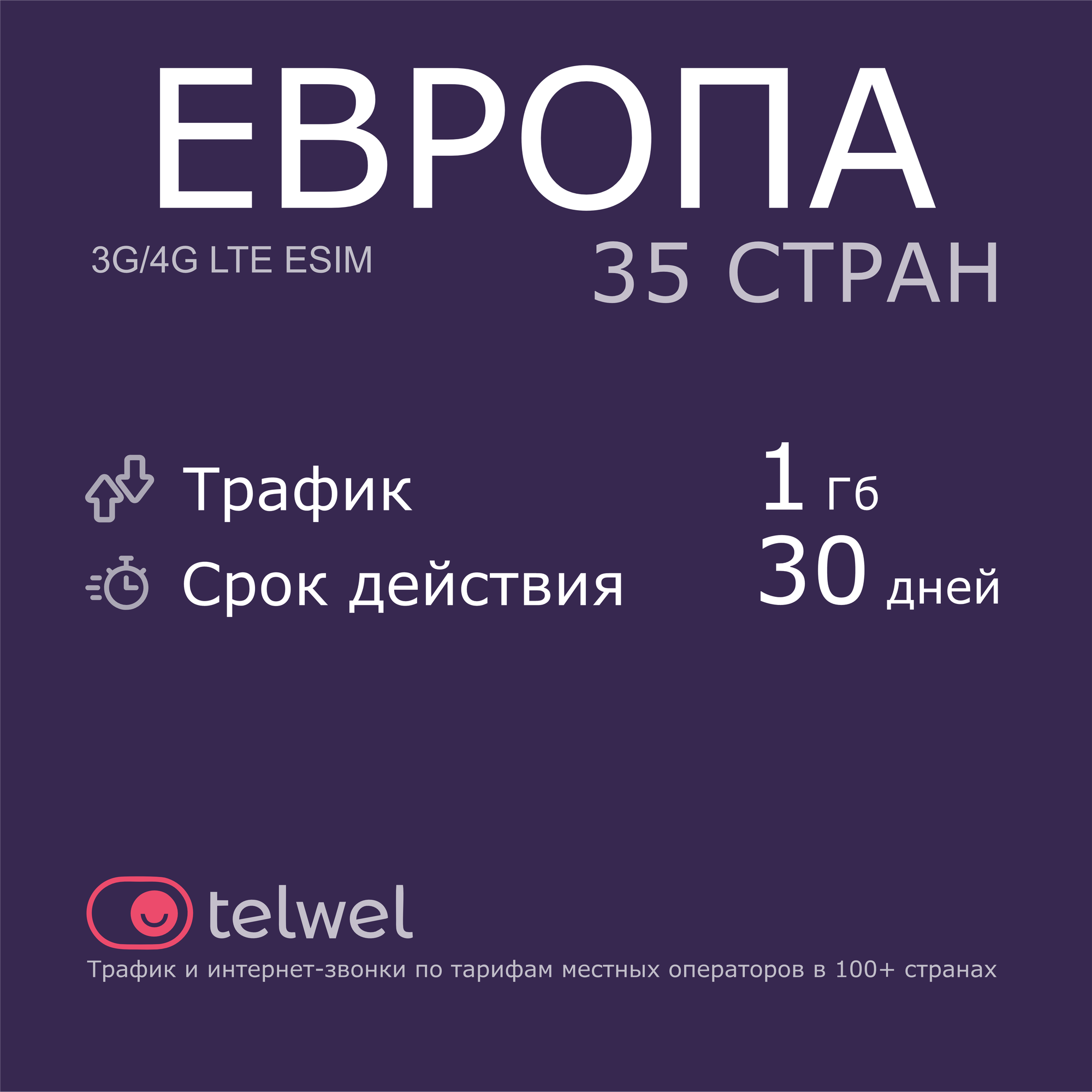 Туристический eSIM "Европа 35 стран, 1 Гб/30 дней". Пакет "Трафик и интернет-звонки"